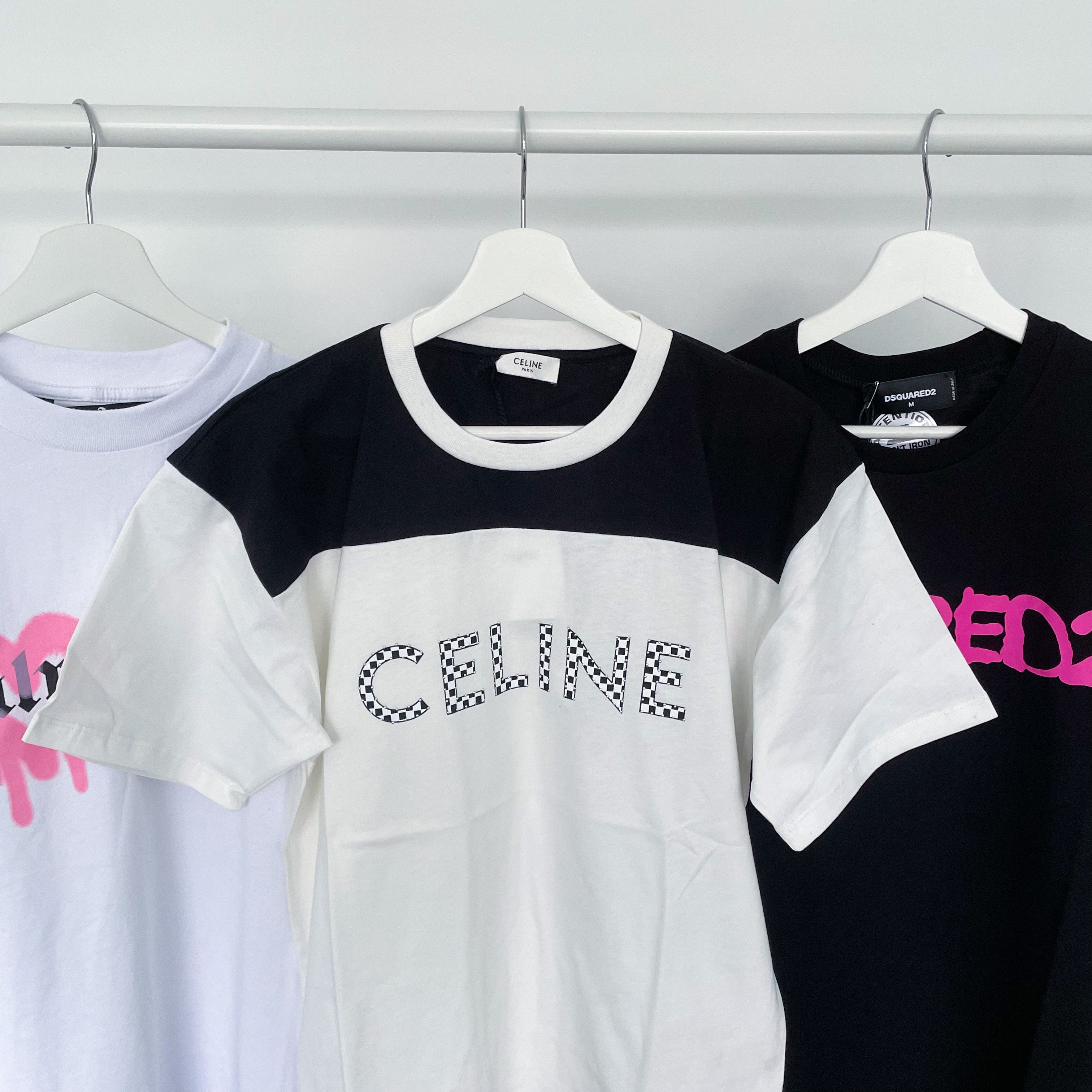 CELINE 750$ T-Shirt With Rhinestone-Studded Logo Print In White